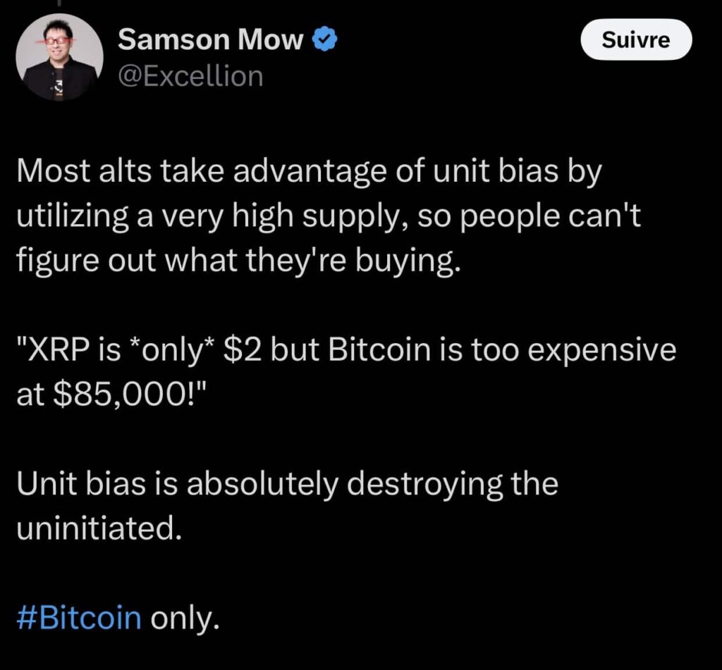 Tweet by Samson Mow about alt coins